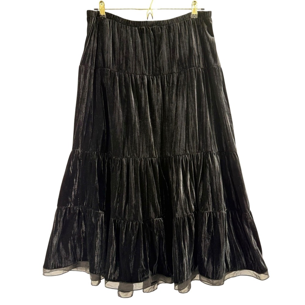 Chadwicks Black Crinkled Velvet Tiered Maxi Skirt XL Mesh Trim Elastic Waist Y2K